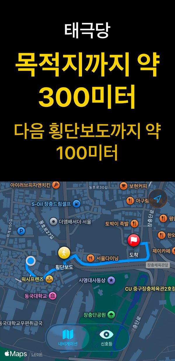 ‘목적지까지 약 300미터, 다음 횡단보도까지 약 100미터’ 지도와 경로 안내 화면